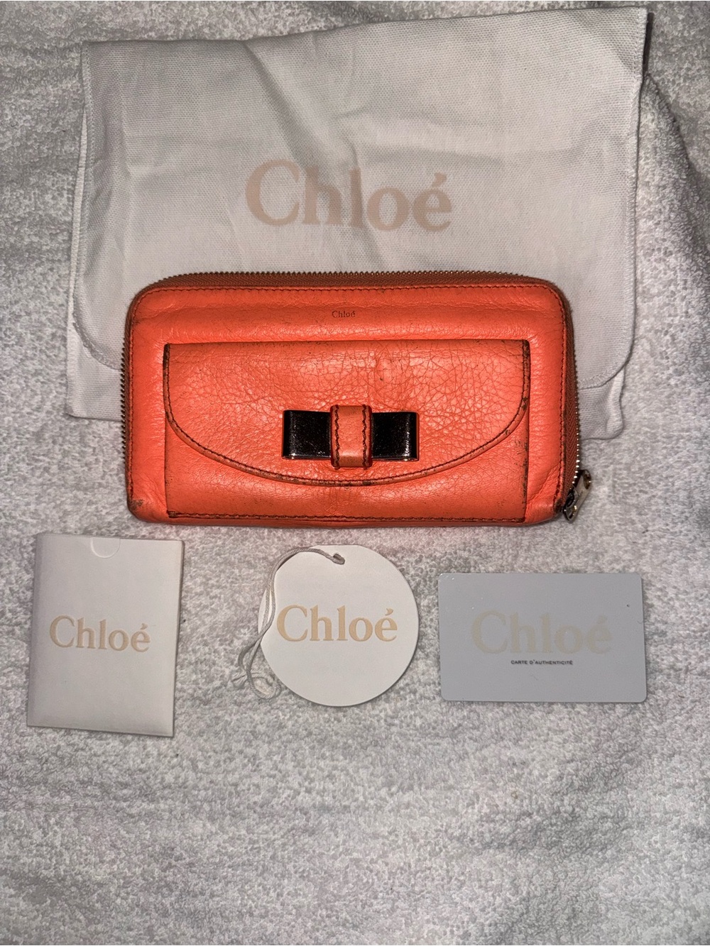 Chloé Lily Ribbon Bow Zip Around Wallet – Coral Orange Fizz – Authentic